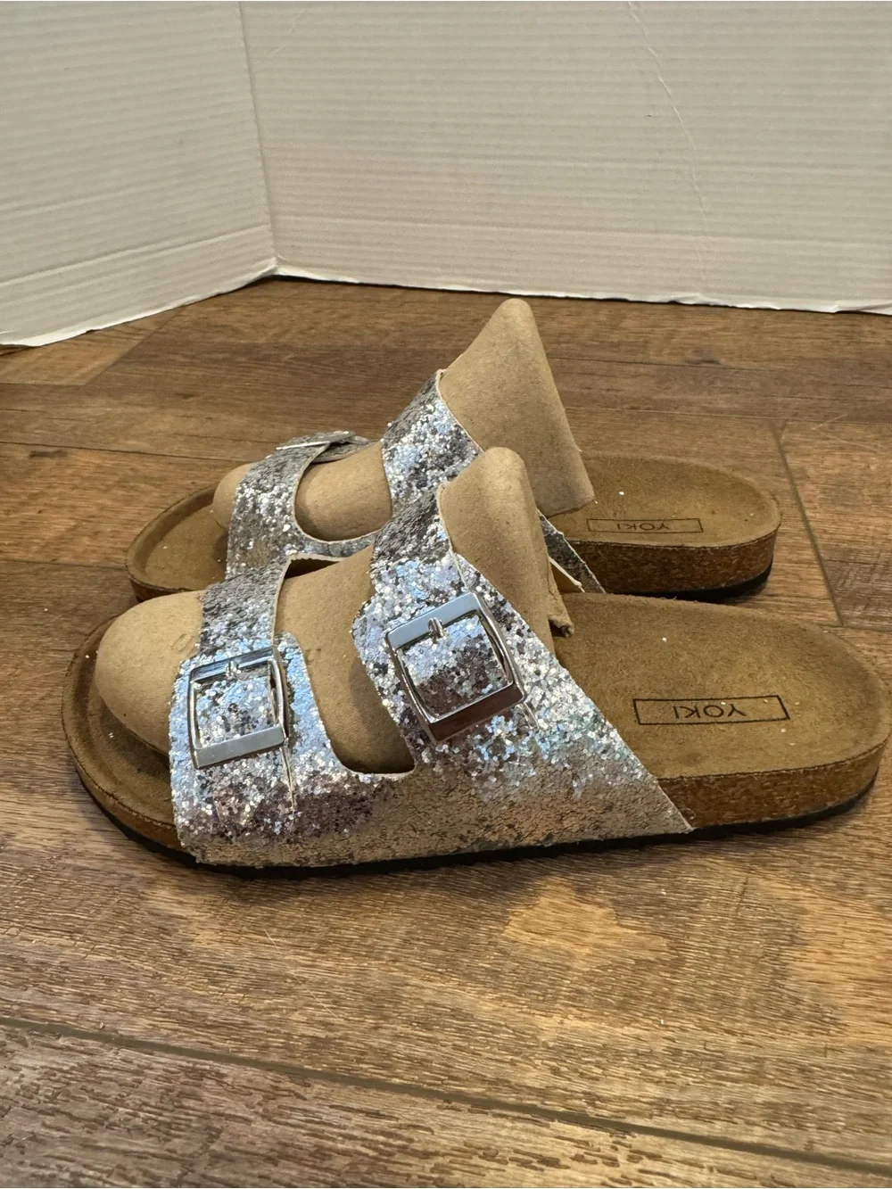 Yoki Silver Glitter Double-Buckle Slide Sandals Tan Cork-Style Soles Size 8.5